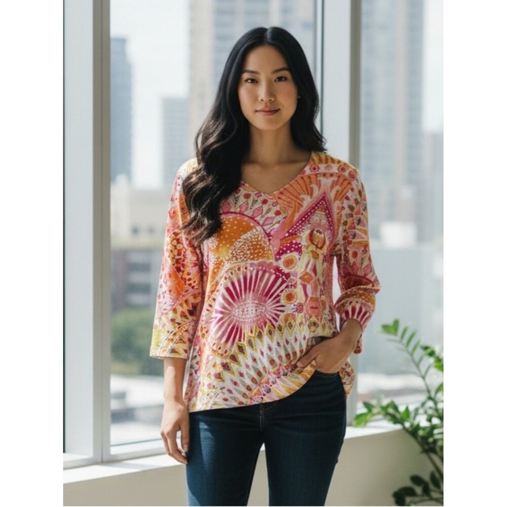 Chico's Pink Orange Vibrant Printed V-Neck Long Sleeve Tee 2 12 L